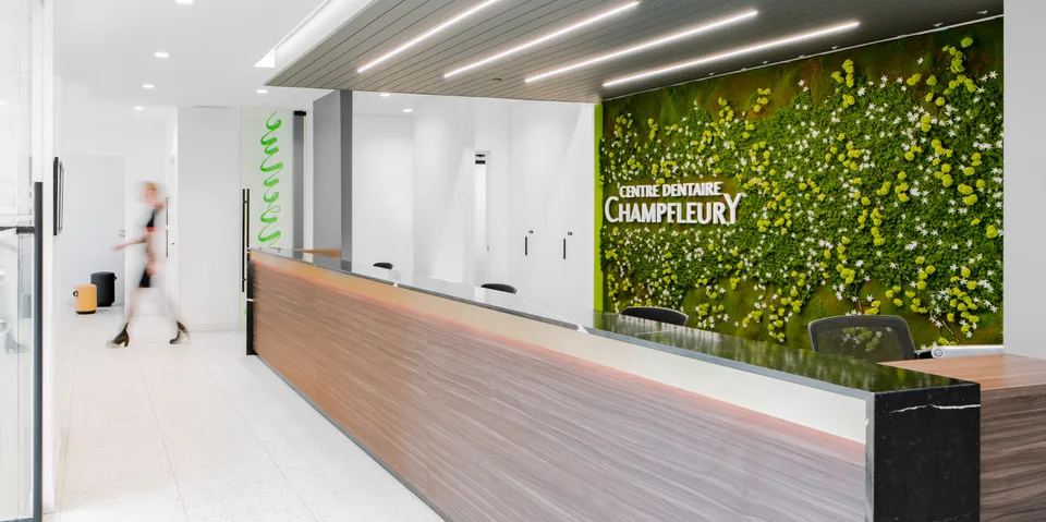 Comptoir d’accueil en bois devant le mur végétal du Centre dentaire Champfleury.