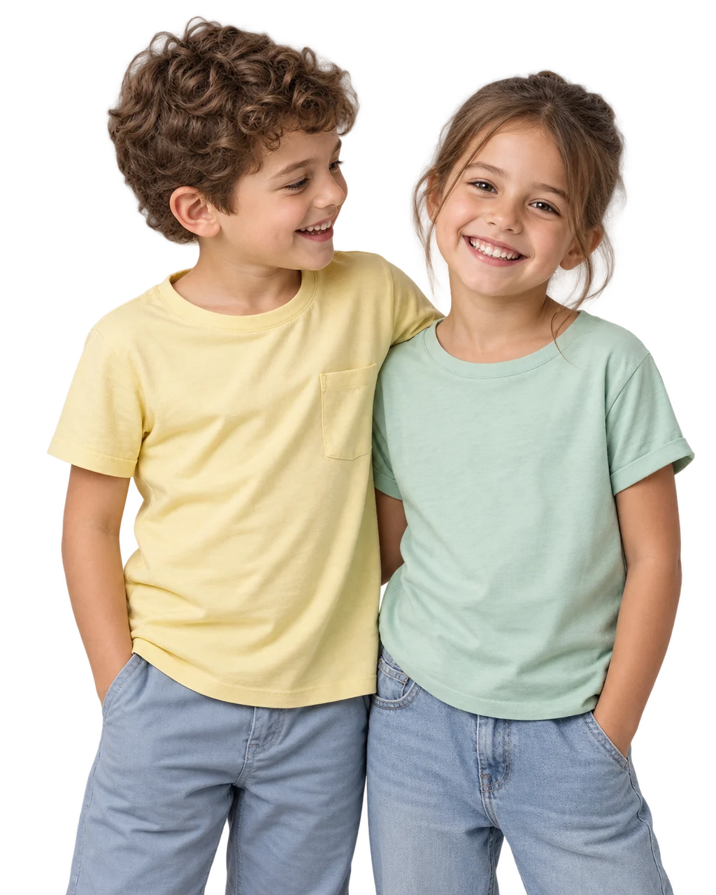 Illustrative portrait of two children sharing a smile