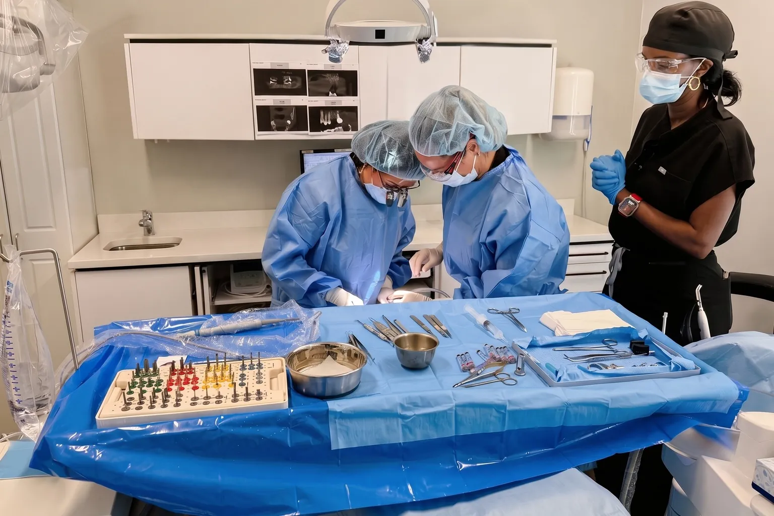 L’équipe du Centre dentaire Champfleury pendant une chirurgie de pose d’implant dentaire