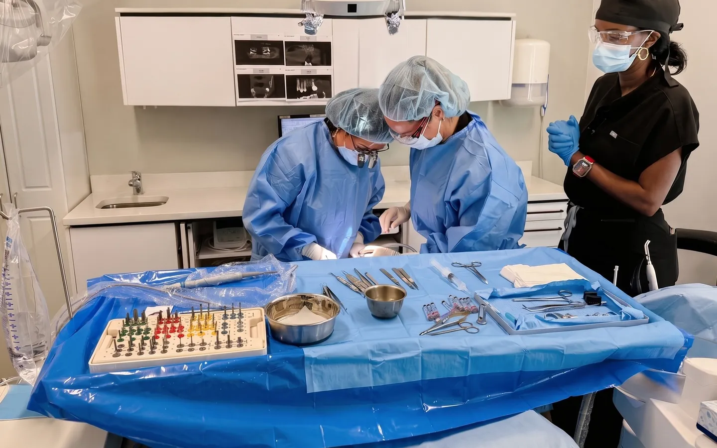 Two members of the Centre dentaire Champfleury team during dental implant placement surgery